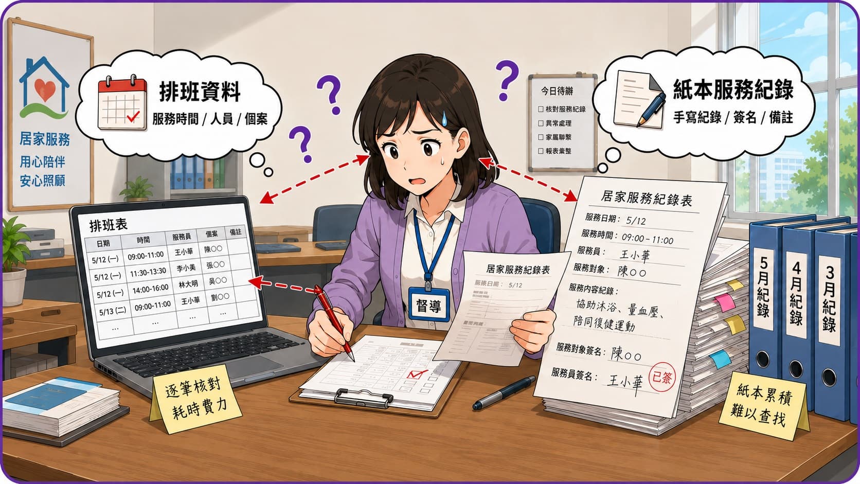 居服紀錄檢核痛點:排班資料與服務紀錄需逐筆對照